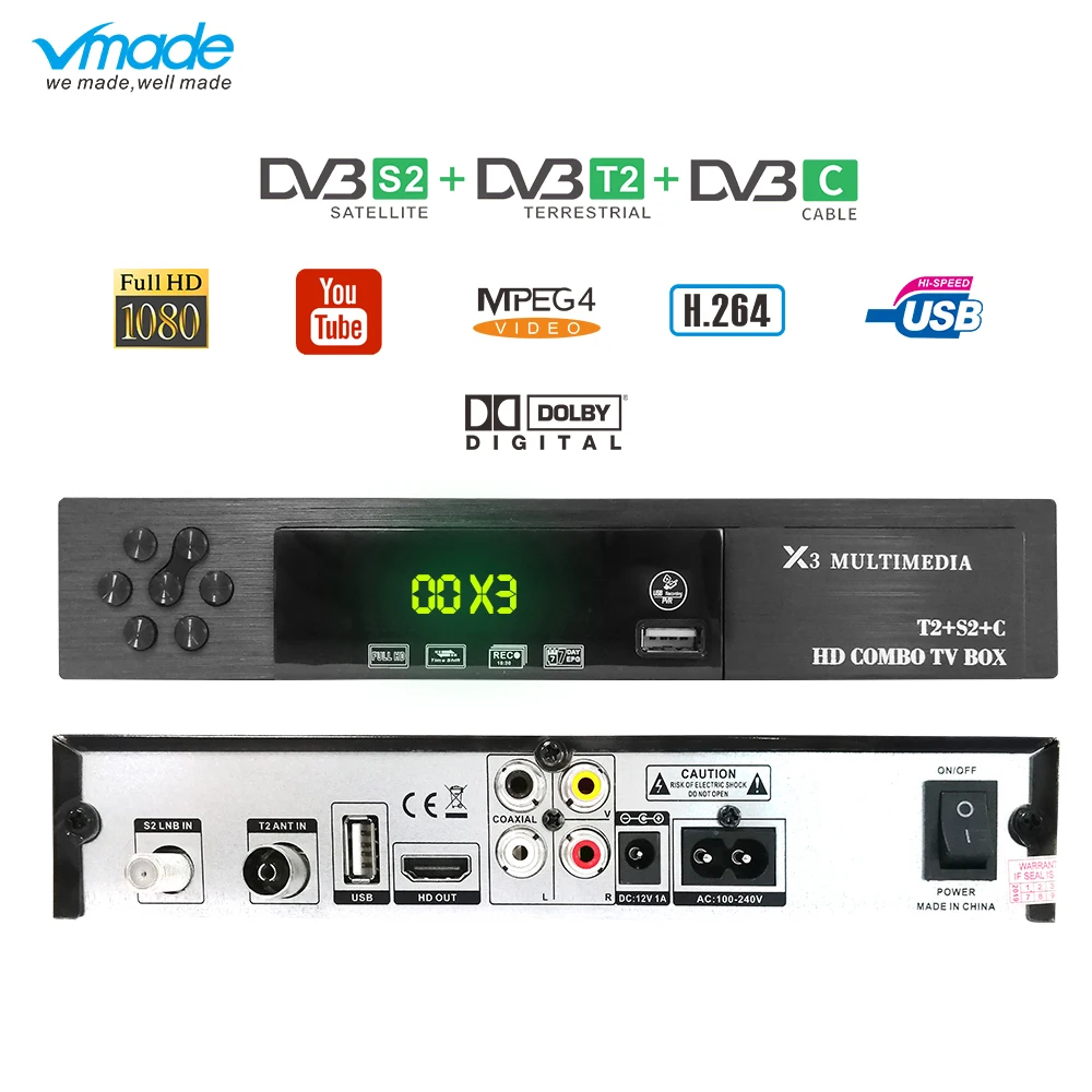 Vmade полностью HD цифровой DVB T2 S2 C комбо набор верхней коробки Поддержка Dolby AC3 CCCAM H.264