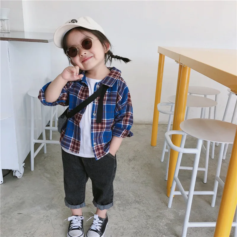 Синий Celveroso new spring Cute Baby Kids Boys Girls Long Sleeve Shirt Plaids Checks Tops Blouse New Fashion Clothes Casual - Цвет: Синий