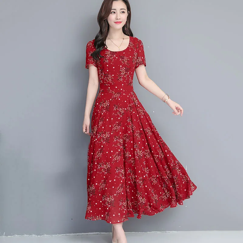 Летнее женское платье с круглым вырезом и коротким рукавом высокой талией