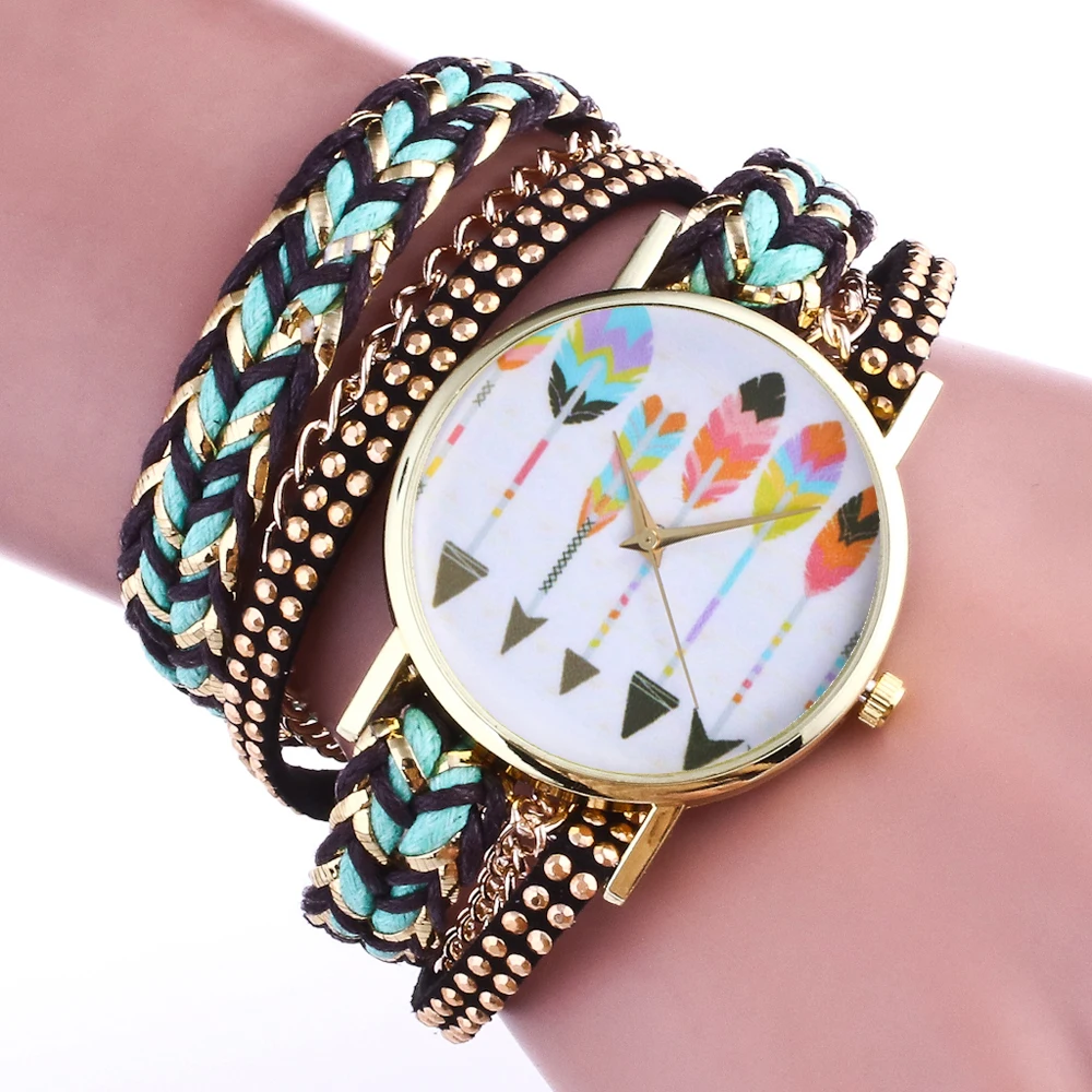 Золотые женские часы браслет с цветным циферблатом кожаным ремешком и