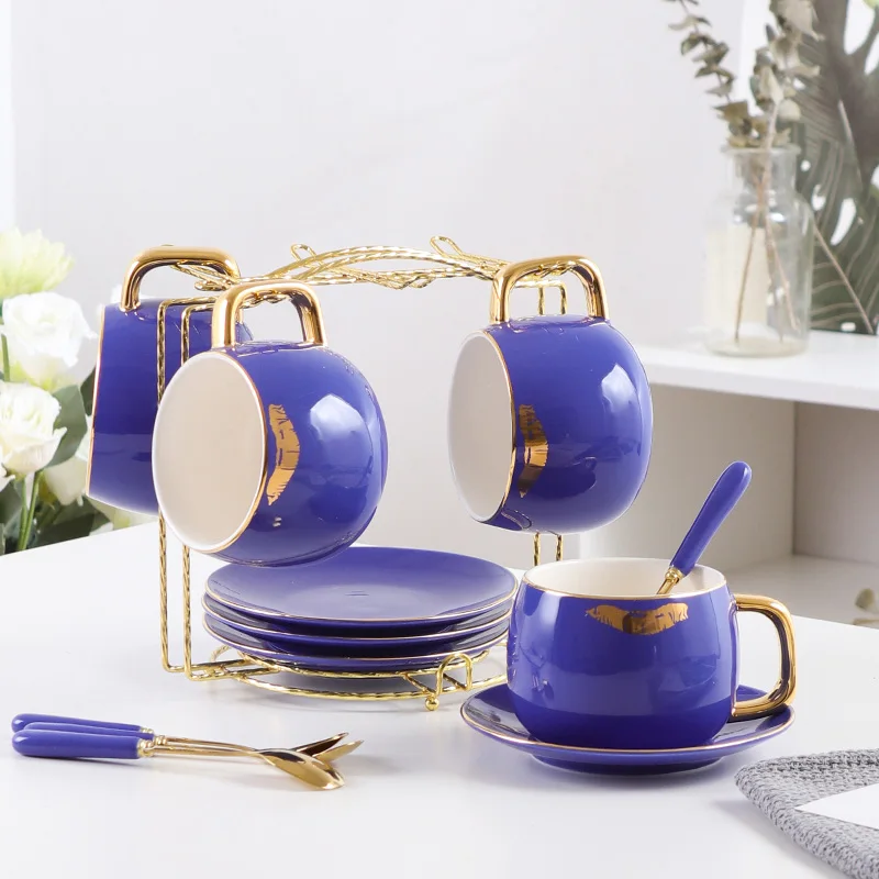 4-piece set blue Высокая-класс Кофе чашка Модный комплект одежды с принтом «губы» Кофе чашки фарфоровая чашка для чая наборы чашек и блюдца Набор кружек домашний, для напитков - Цвет: 4-piece set blue