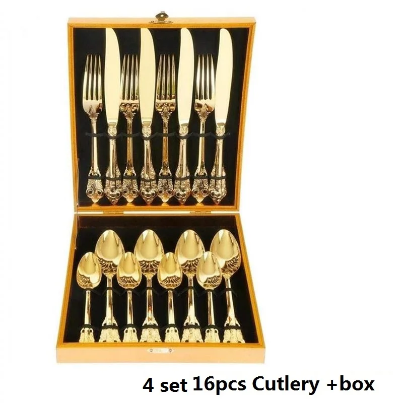 4 Sets 16PCS in Box 16 шт. набор посуды из нержавеющей стали позолоченные свадебные столовые приборы Роскошная золотая столовая посуда в ретро стиле столовые приборы Рождественский подарок в коробке - Цвет: 4 Sets 16PCS in Box