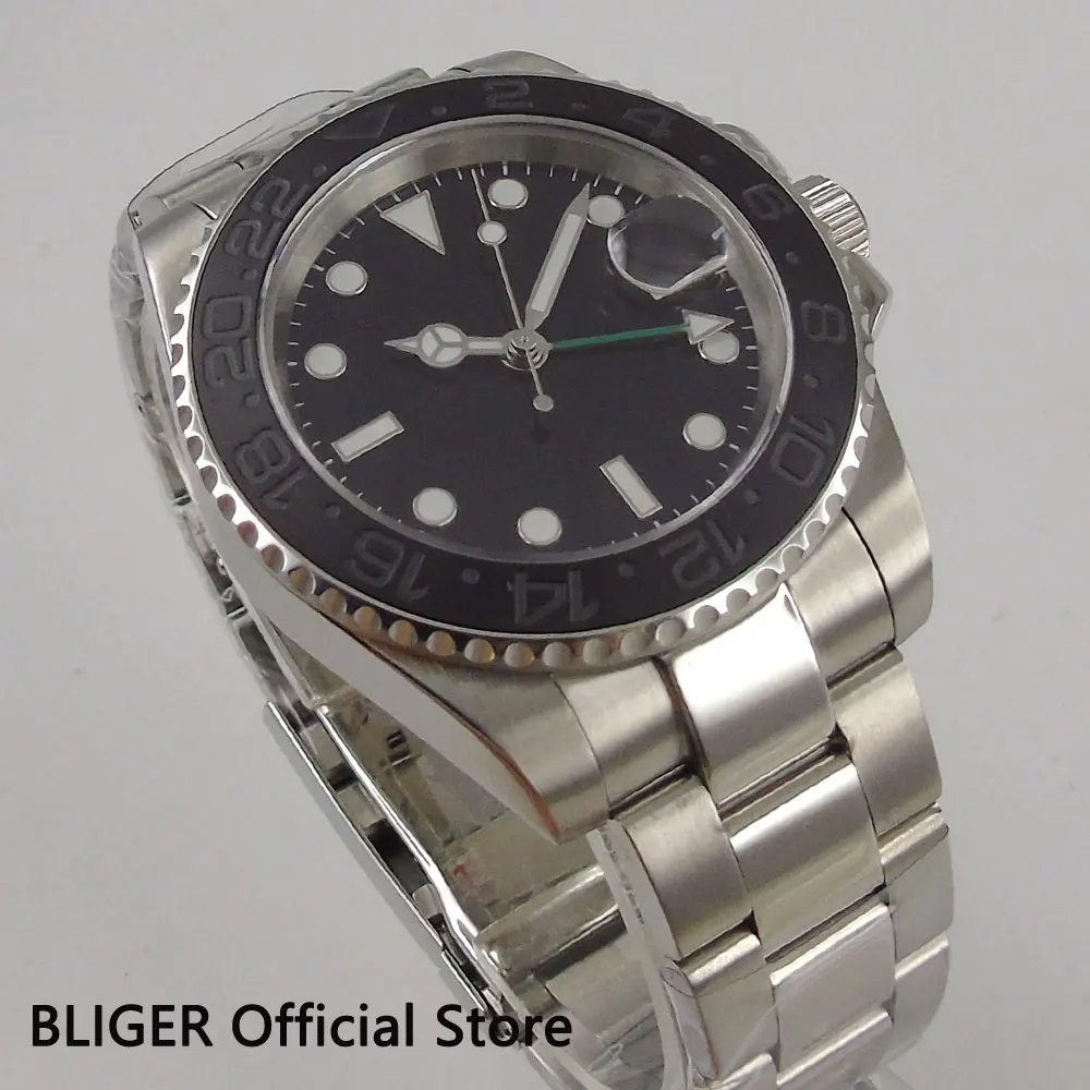 Однотонные мужские часы 40 мм с черным стерильным циферблатом светящиеся следы