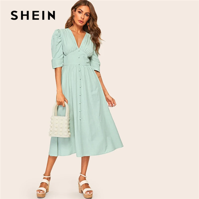 SHEIN Платье С Поясом В Винтажном Стиле, Стильное Однотонное Платье С V-Образным Вырезом