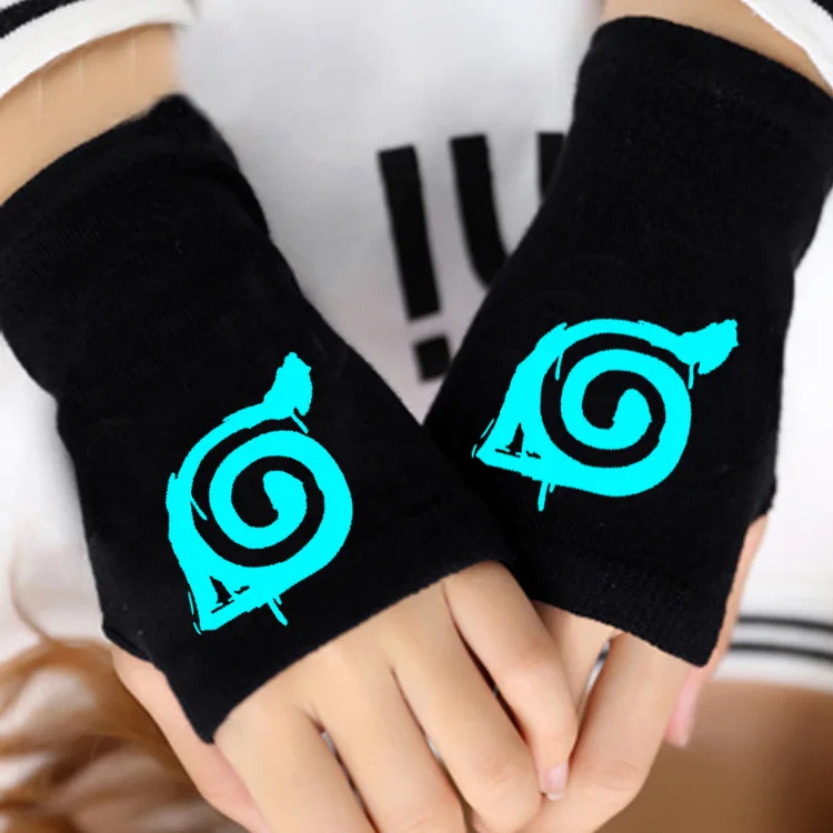 Glow In Dark Leaf B Модные унисекс трикотажные перчатки манга Hokage Akatsuki клан Учиха Печать Лист без пальцев хлопковая перчатка Косплей рукавицы подарок на Хэллоуин - Цвет: Glow In Dark Leaf B