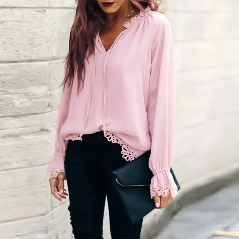 Новинка 2019 женская модная Соблазнительная блузка и рубашка однотонная кружевная