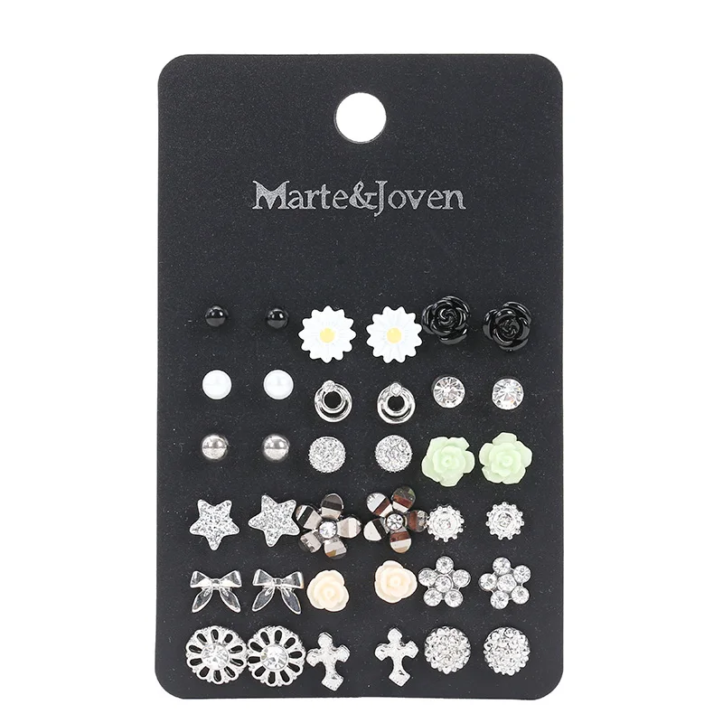Marte& Joven 18 пар, набор сережек с несколькими шпильками, Женский Хрустальный цветок/Крест/заклепки в виде звезд, набор сережек для девочек, лучшие подарки - Окраска металла: Посеребренный