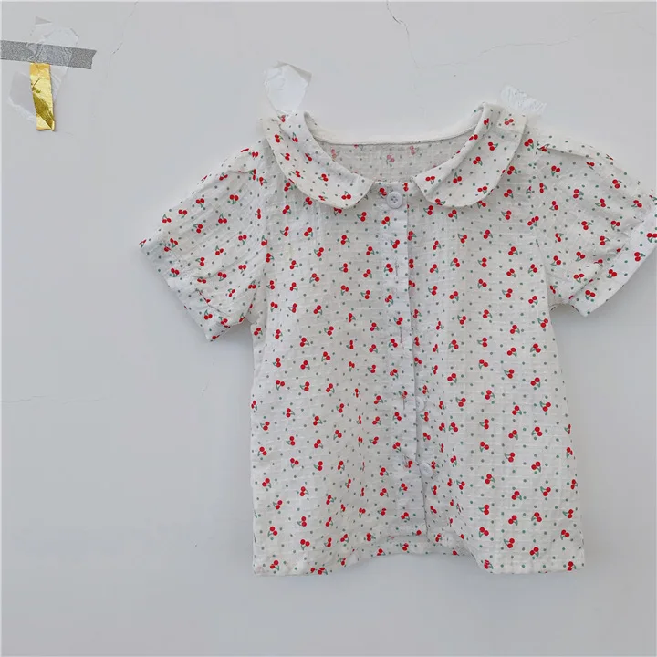 

Hot Sale Summer Girls Pure Cotton Hollow Doll Collar Shirts Kids Cherry Printed Casual Single Shirt Children Plaid Overalls