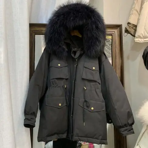 black fur Пуховик на утином пуху зимняя куртка женские пуховики Утепленные Пальто женские с капюшоном из натурального меха енота однотонные куртки - Цвет: black fur