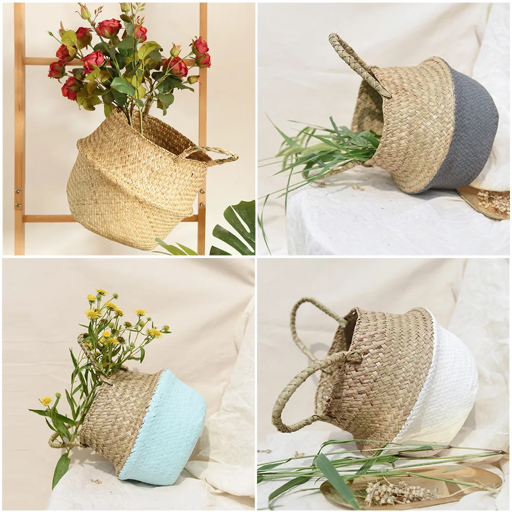 

Mini Bamboo Foldable Storage Baskets Laundry Straw Patchwork Wicker Rattan Seagrass Belly Flower Pot Planter Handmade Basket#30