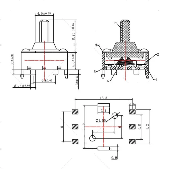 Навигационная кнопка SMD 6 контактов 5 направлений 12,5х12,5 мм для цифровой камеры.