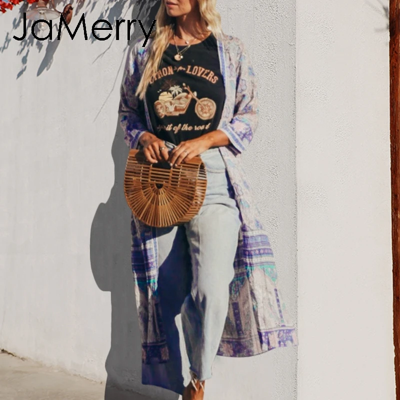 JaMerry Boho Цветочный Принт сокрытия для женщин на лето и весну фиолетовый длинные