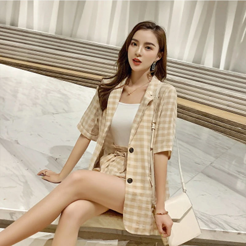 Женский клетчатый костюм свободный приталенный пиджак с коротким рукавом и