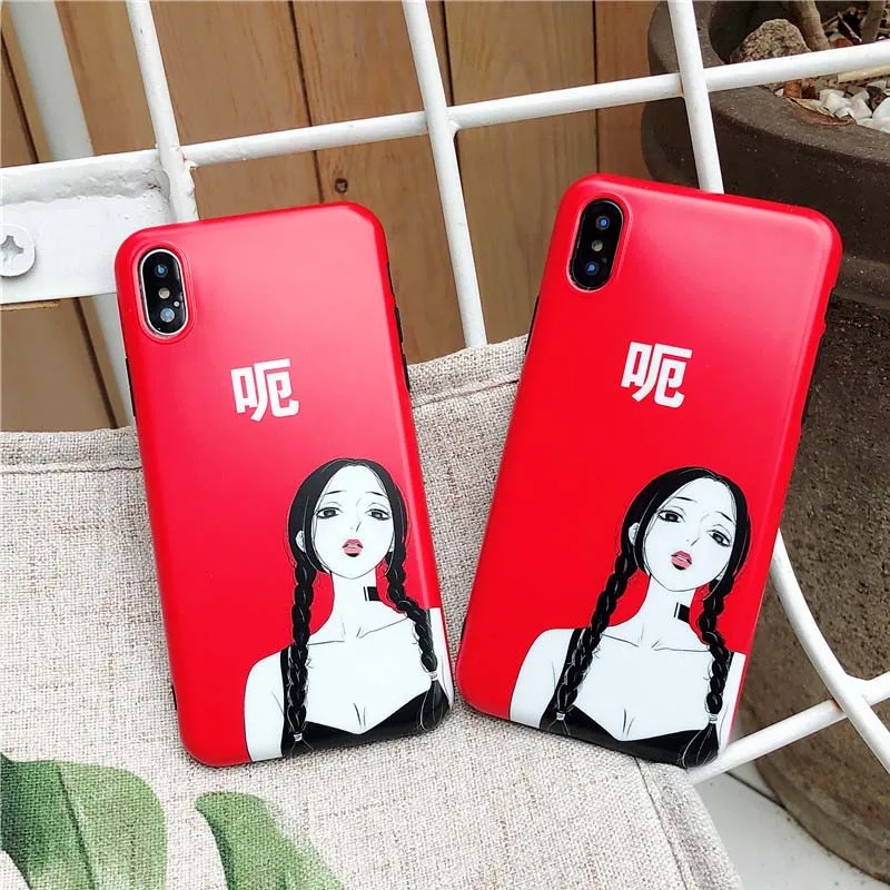 JIBAN Art wind girl Red Phone Case for iPhone X Soft TPU IMD frosted Cases iphone 8 7plus 6s 6plus protective phone Cover |
