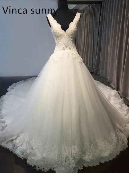 

vinca sunny 2021 white ball gown wedding dresses Court Train Cap Sleeve lace applique Vestido De Noiva Bride Gowns Custom size