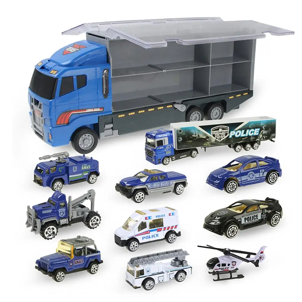 

10 in 1 Police Transport Truck, Mini Die-Cast Plastic Play Vehicle in Carrier Car Toy Set, Mini Cars for Kid Children Boy and Gi