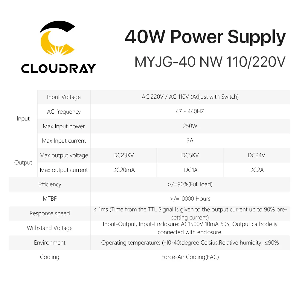 Cloudray 40 Вт CO2 лазерный источник питания MYJG-40 110 В 220 В для CO2 лазерной гравировки и резки 35-50 Вт MYJG