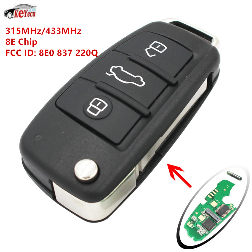 KEYECU 2 предмета Автозапуск складной дистанционный ключ запись Fob 3 Button 315 МГц/433 МГц 8E чип для Audi A6L FCC ID: 8E0 837 220Q