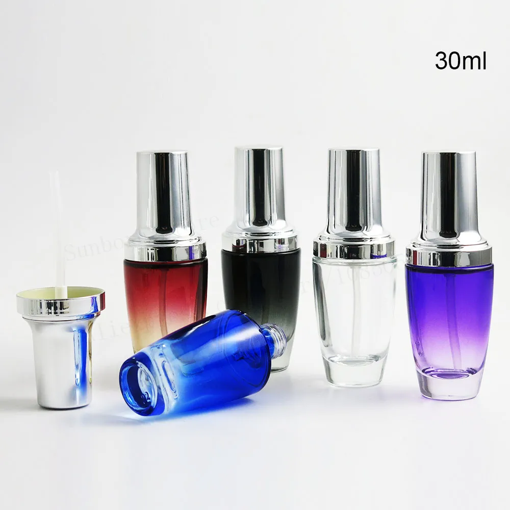 安い 30ミリリットル旅行クリアブラックブルー赤紫色ガラス香水クリームローションポンプボトル1オンス詰め替えガラスエッセンシャルオイルボトル240個