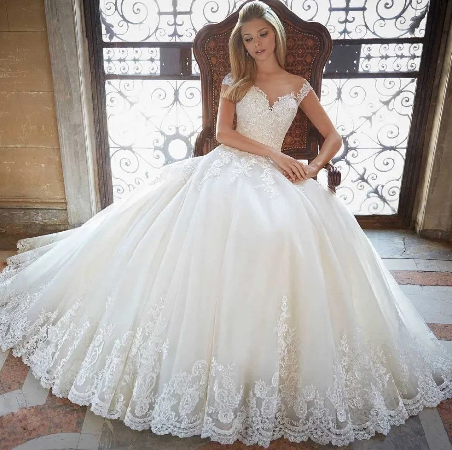 

New Cap Sleeves Appliques Lace Dresses for Wedding Party 2020 Princess Bridal Gowns Sheer Buttons Wedding Gowns robe de mariee