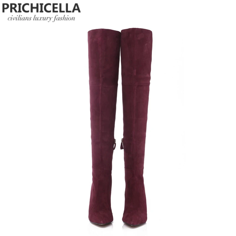 PRICHICELLA 8 см 10 см серый натуральная кожа сапоги выше колена высокие ботинки size34-42