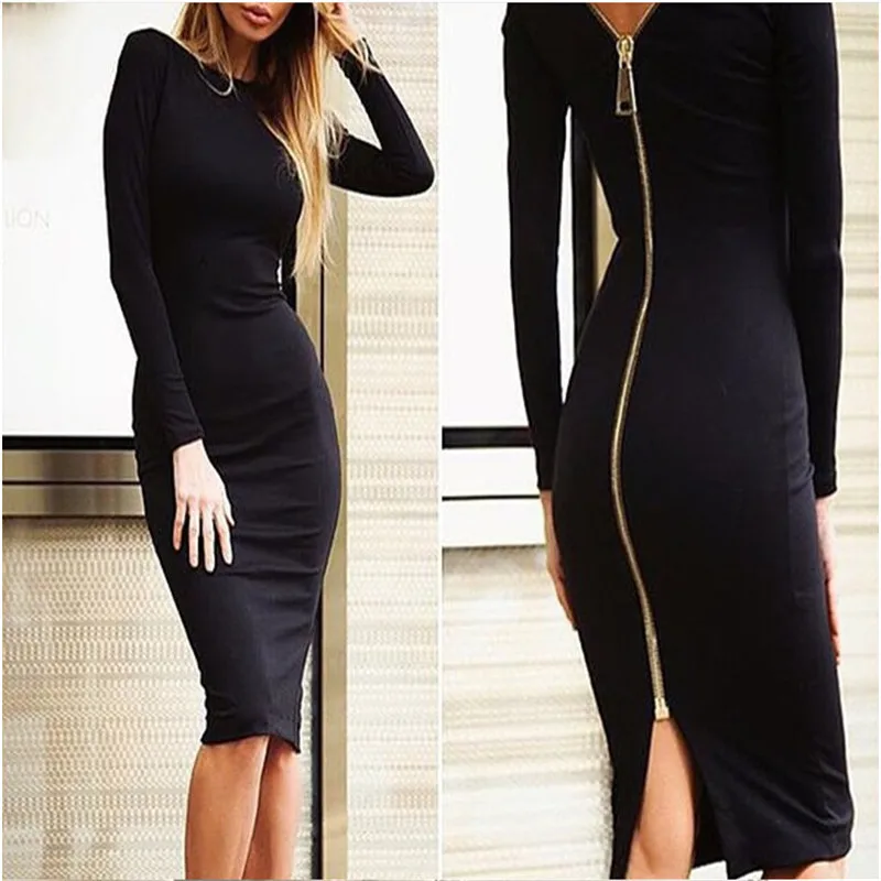 Женщины Дамы Bodycon Оболочка Платье Длиной До Колен Молнии Украшения О Шеи Осень