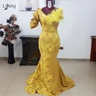 Кружевное платье-Русалка для выпускного вечера, длинные платья желтого цвета, с жемчугом, с перьями, на шнуровке, 2019