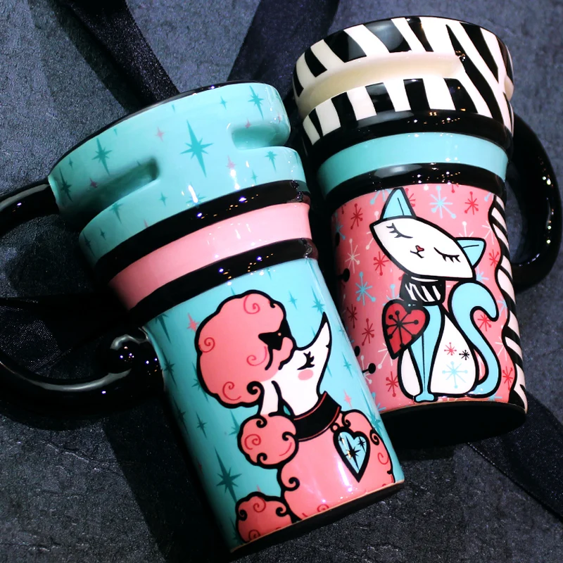ULKNN Creative Fashion Painted Ceramic Mug With Lid Spoon Milk Coffee Tea Cup Couples Lover Nice Gifts Mass Capacity Drinkw | Дом и сад