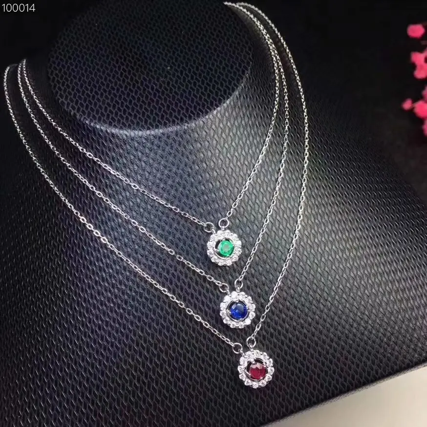 

Fashion small round natural blue sapphire necklace natural ruby emerald pendant necklace S925 silver girl party gift jewelery