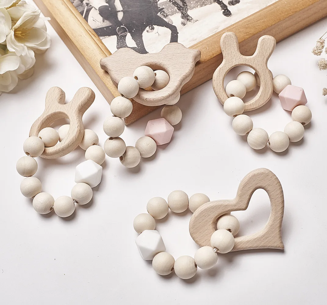 Anillo mordedor de madera para beb&eacute;, pulsera con forma de Animal, joyer&iacute;a para dentici&oacute;n para beb&eacute;, cuentas de madera, sonajero para beb&eacute;, accesorios para cochecito-1