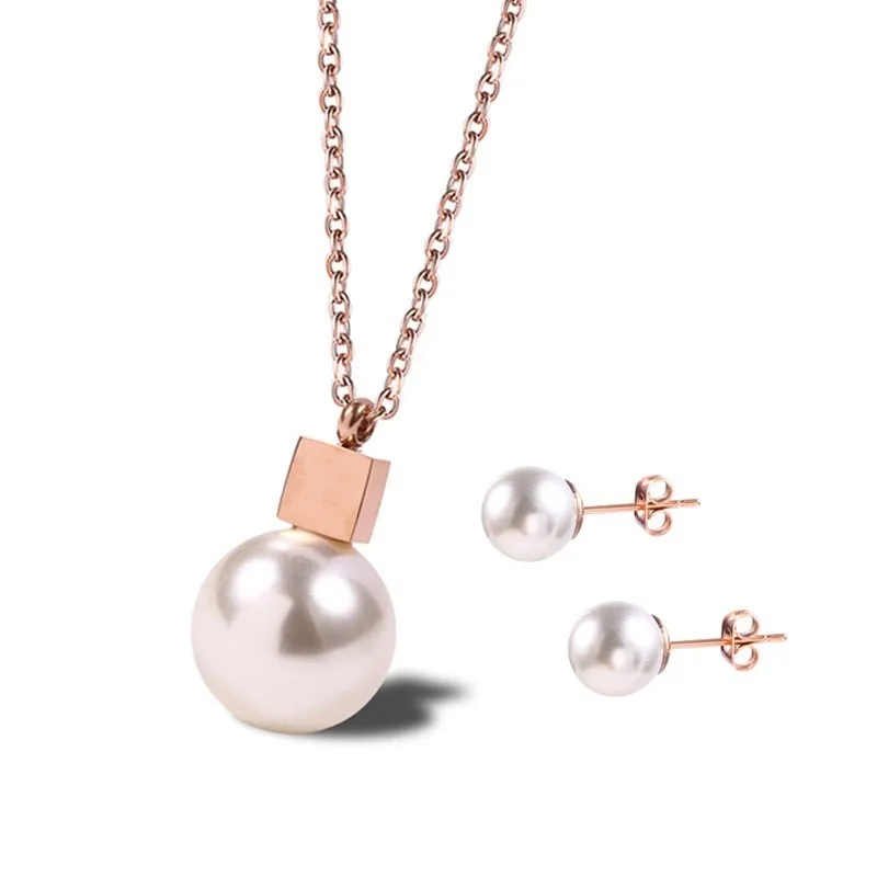 Rose Gold RIR Изысканная цепочка с одним жемчугом, серебряное ожерелье из нержавеющей стали, ожерелье из жемчужных бус, серьги-гвоздики, свадебный ювелирный набор - Окраска металла: Rose Gold