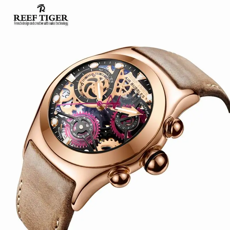 Мужские спортивные часы Reef Tiger кварцевые наручные с хронографом со скелетом