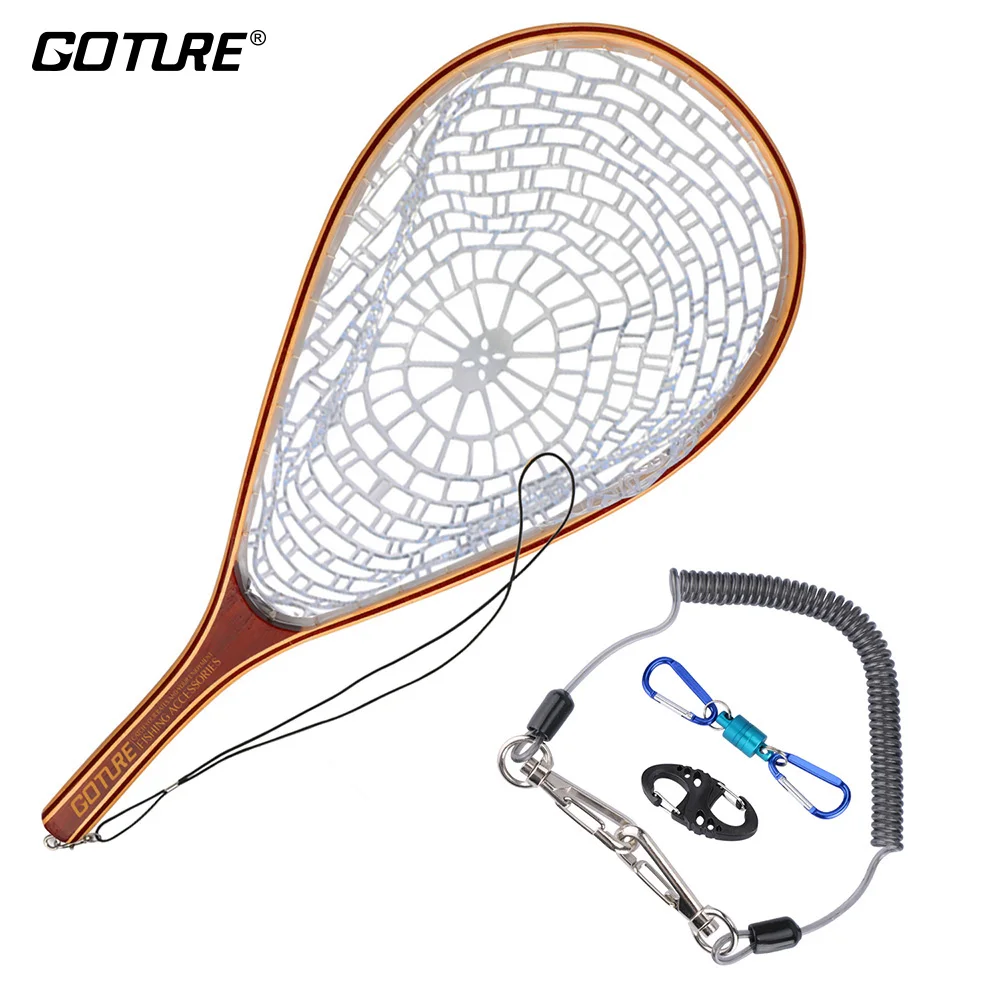 Goture fly fishing net литья сеть резиновая сетка деревянный каркас рука чистая с ремешок