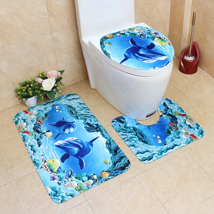 Anti Slip Toilet Pattern Flannel Seat Cover Set 3Pcs Bath Mats Bathroom Carpet Ocean Underwater World | Дом и сад