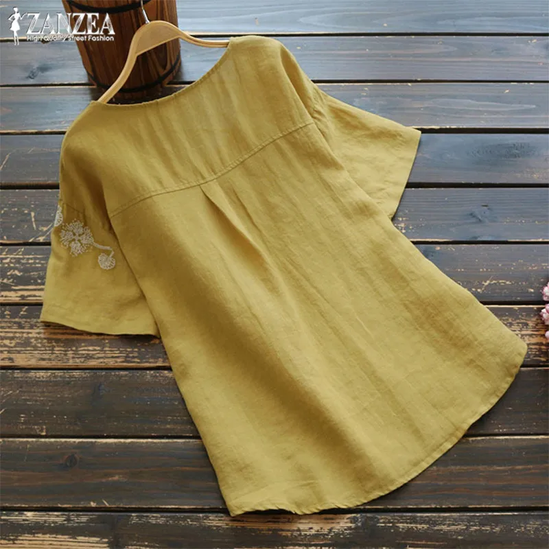 2021 ZANZEA Vintage Embroidery Tops Women's Summer Blouse Kaftan Linen Short Sleeve Tee Shirts Female O Neck Blusas S- Tunic | Женская