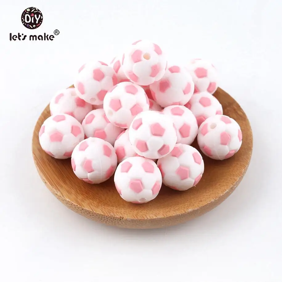pink football Let's make Детские игрушки без бисероплетения, футбольные силиконовые бусины, 15 мм, модные DIY ювелирные аксессуары, прорезыватели для зубов, ожерелье для кормления, 5 шт., Прорезыватель для зубов - Цвет: pink football
