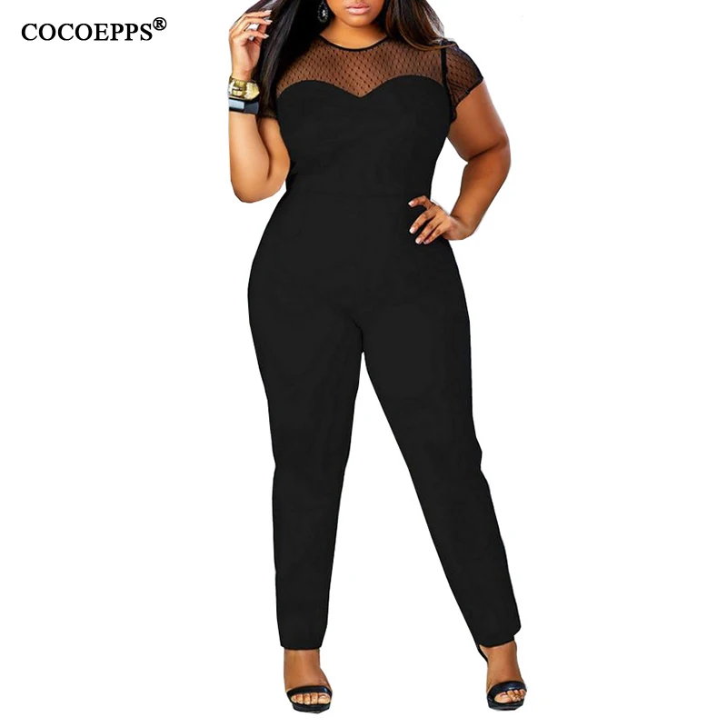 Black 4XL летние обтягивающие сексуальные комбинезоны женские элегантные обтягивающие вечерние Клубные комбинезоны размера плюс сетчатый комбинезон Женская одежда - Цвет: Black