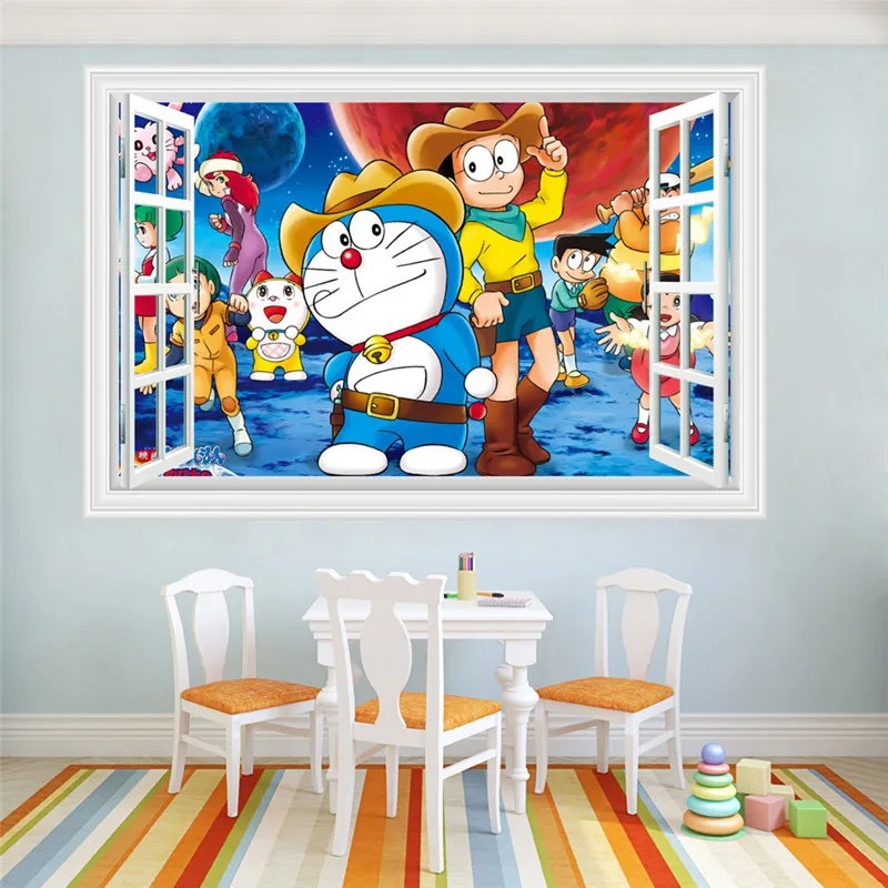 3D stereo windows Nobita cowboy cartoon wall paste bedroom living room children murals wallpaper | Дом и сад
