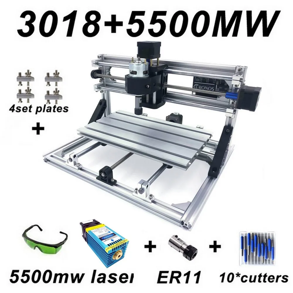 3018 and 5500mw Head 15 Вт CNC3018 гравировальный станок ER11 с 500 МВт 2500 мвт 5500 МВт 15000 МВт Синяя лазерная головка древесины маршрутизатор PCB фрезерный станок - Цвет: 3018 and 5500mw Head