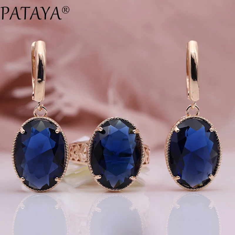 PATAYA, Новые овальные длинные серьги, набор колец, 585, розовое золото, для женщин, модные, для свадьбы, вечеринки, благородный, многоцветный, натуральный циркон, ювелирные наборы
