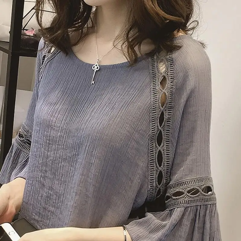 Женская блузка рубашка 2017 новая модная летняя шифоновая кружевная открытая с