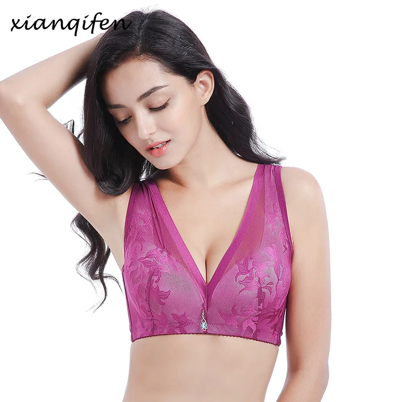 Xianqifen, бюстгальтер-минимайзер для женщин, сексуальное белье, DeepV Bralette, модное тонкое нижнее белье с цветочным рисунком, без косточек, нижнее белье размера плюс
