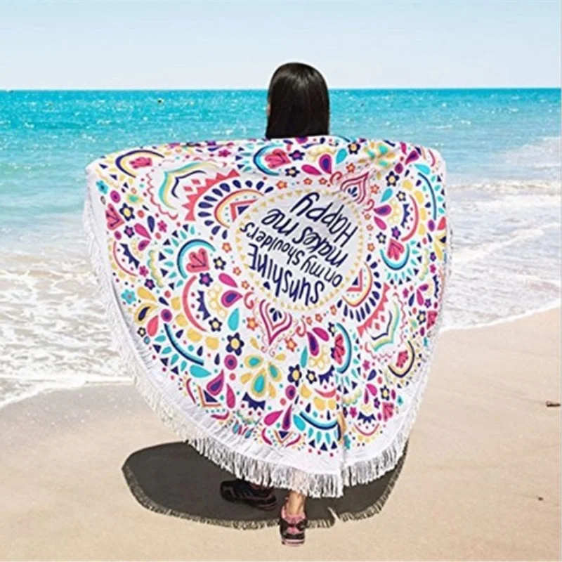 Summer Plant Feather Stripe Round Beach Towel Polyester Hippie Boho Tassel Playa shawl Travel Picnic Carpet Bedding Yoga Blanket |