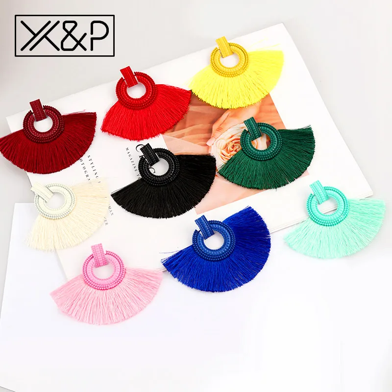 Женские богемные серьги подвески X & P крупные ручной работы с бахромой эффектные