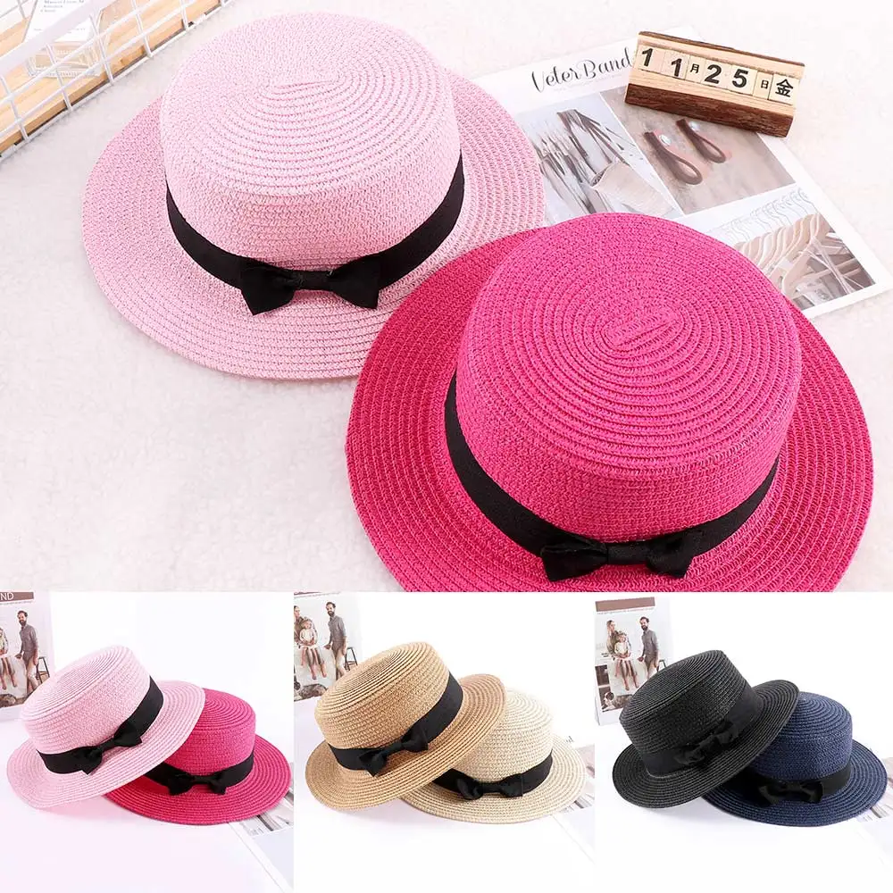 

2019 Simple Summer Parent-child Beach Hat Female Casual Hat Lady Brand Women Flat Brim Bowknot Straw Cap Girls Bucket Hat
