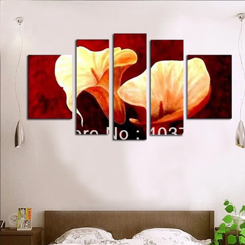 5 панелей Чистая ручная роспись Масляные картины Лилия Цветок красный фон для