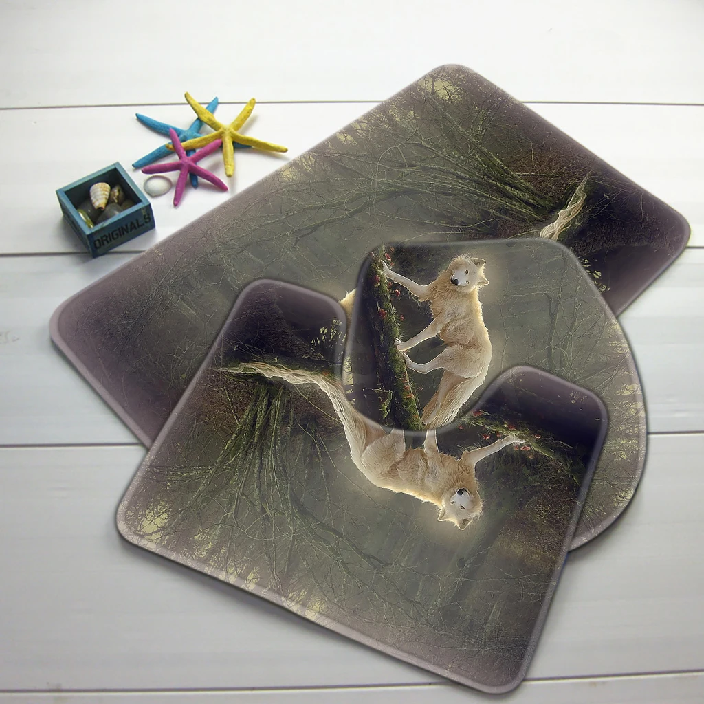 3pcs Bath Mat Set Beautiful White Wolf Pattern Anti Slip Modern Bathroom Rug and Toilet Sets | Дом и сад