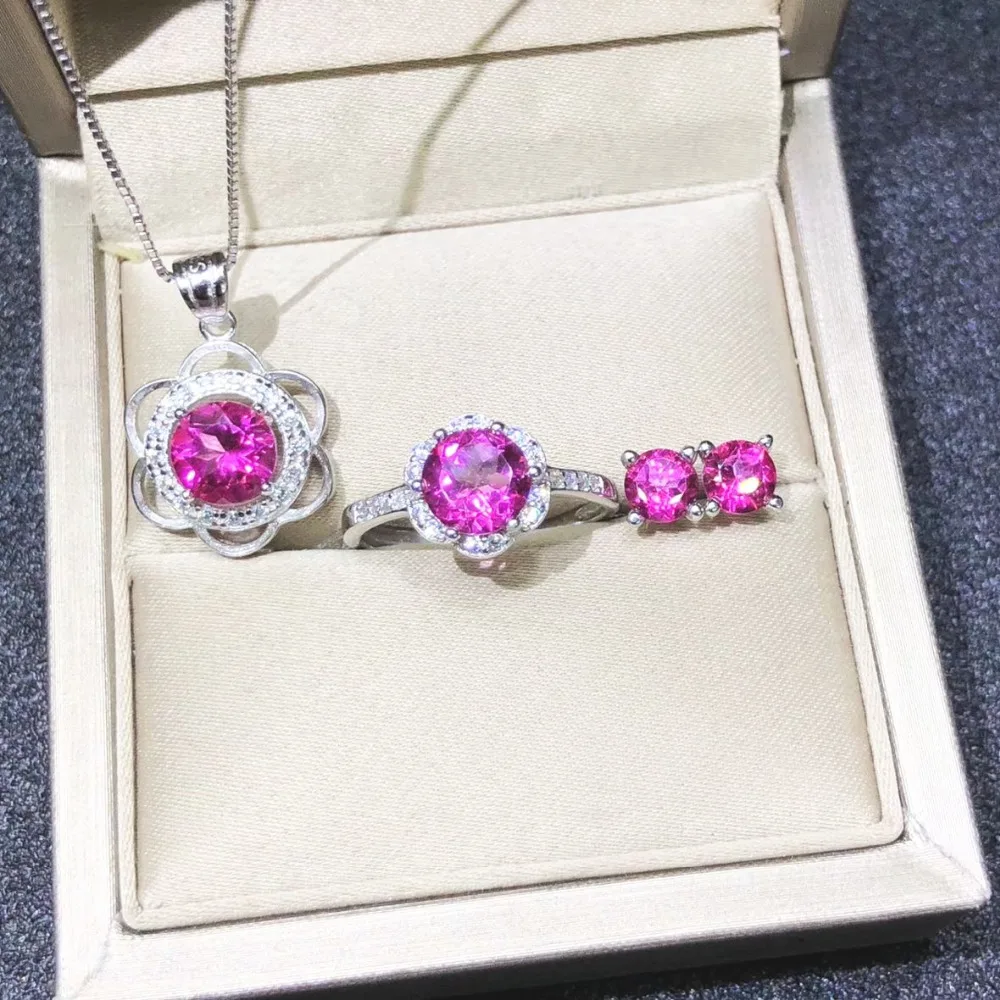 

Gemstone Jewelry Set Flower Shape Natural Pink Topaz Earrings/Ring/Charm Pendant Necklace Woman Bridal Set Wedding Party Jewelry