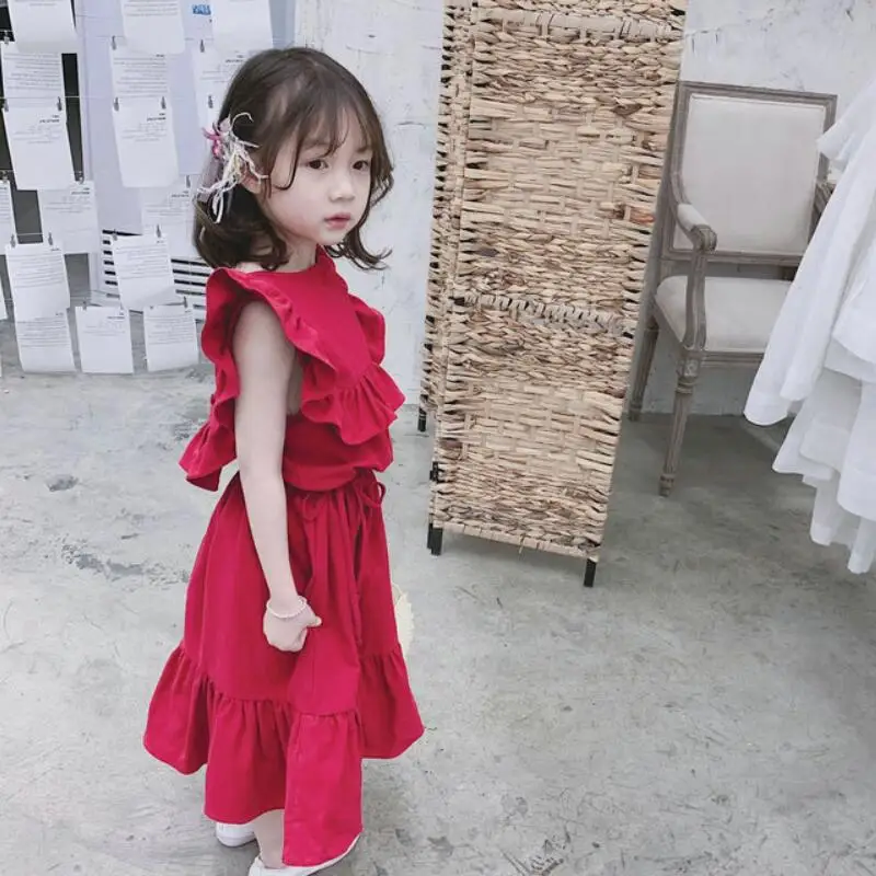 Однотонное красное платье с оборками для девочек летнее маленьких Vestidos детская