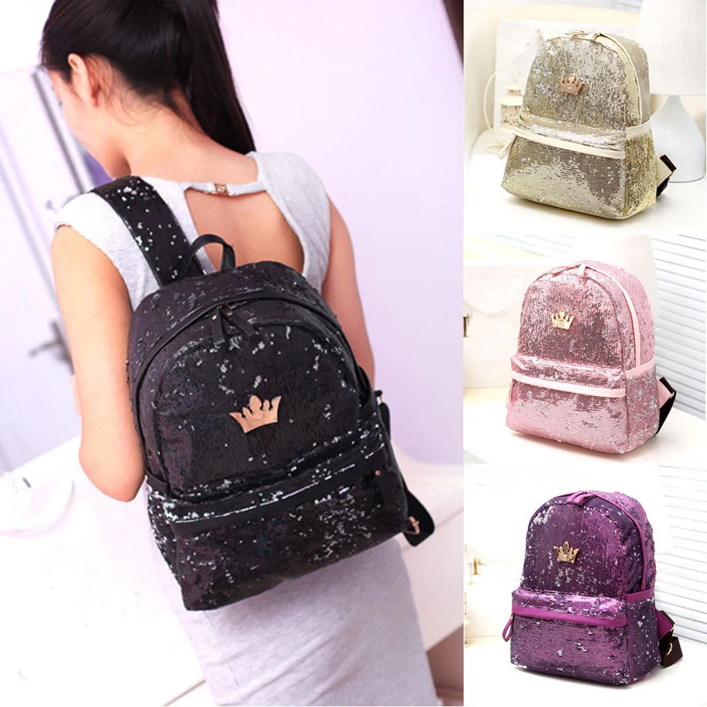 Women Outdoor Crown Sequins Colorful Backpacks Travel Bag School Package for Teenager girls plecak hot